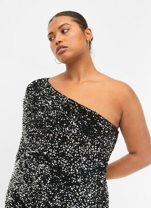 Kurzes One-Shoulder-Kleid mit Pailletten, Black/Silver Sequins, Model image number 2