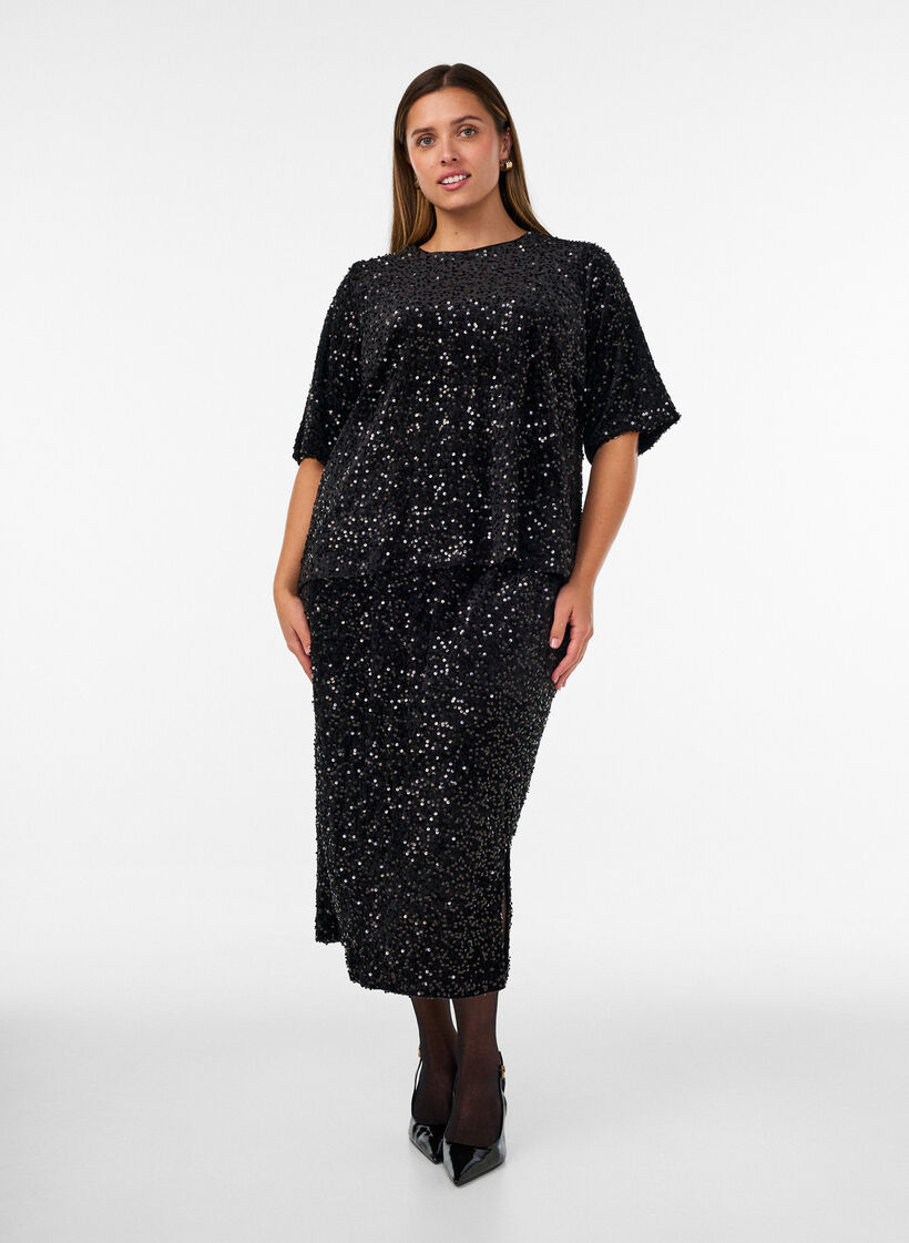 Bluse mit Pailletten und ellenbogenlangen &Auml;rmeln, Schwarz, Model image number 1