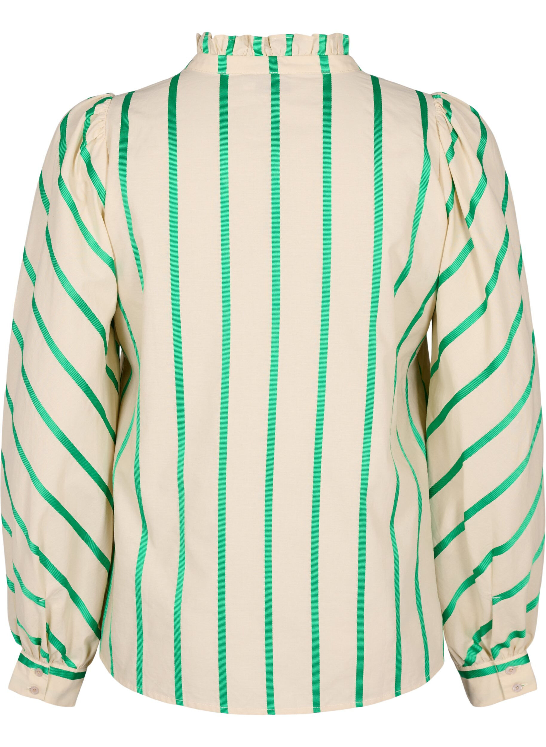 Zizzi Gestreifte Hemdbluse aus Baumwolle mit R&uuml;schenkragen, Beige Green Stripe, Packshot image number 1