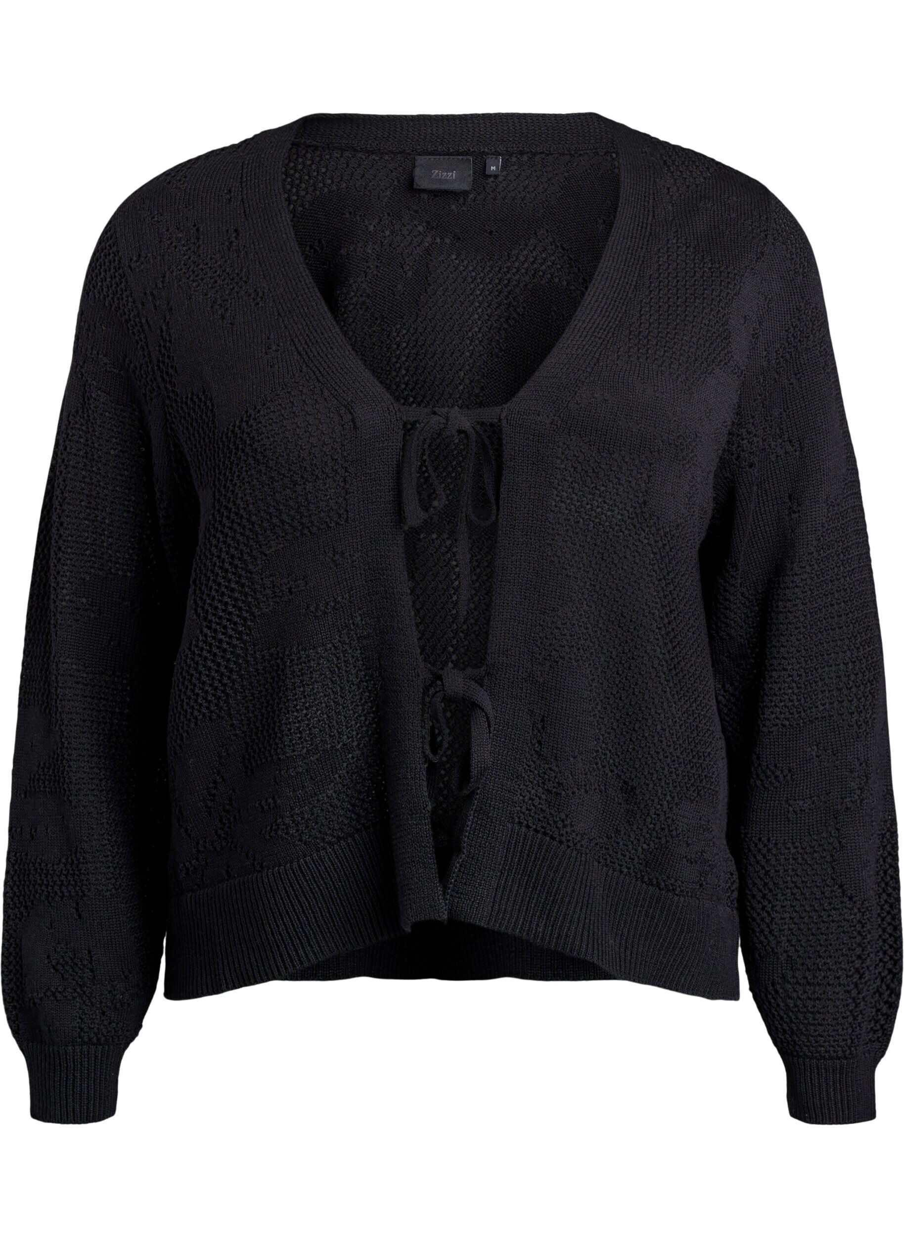 Zizzi Strickjacke mit Lochmuster und Bindeb&auml;ndern, Black, Packshot image number 0