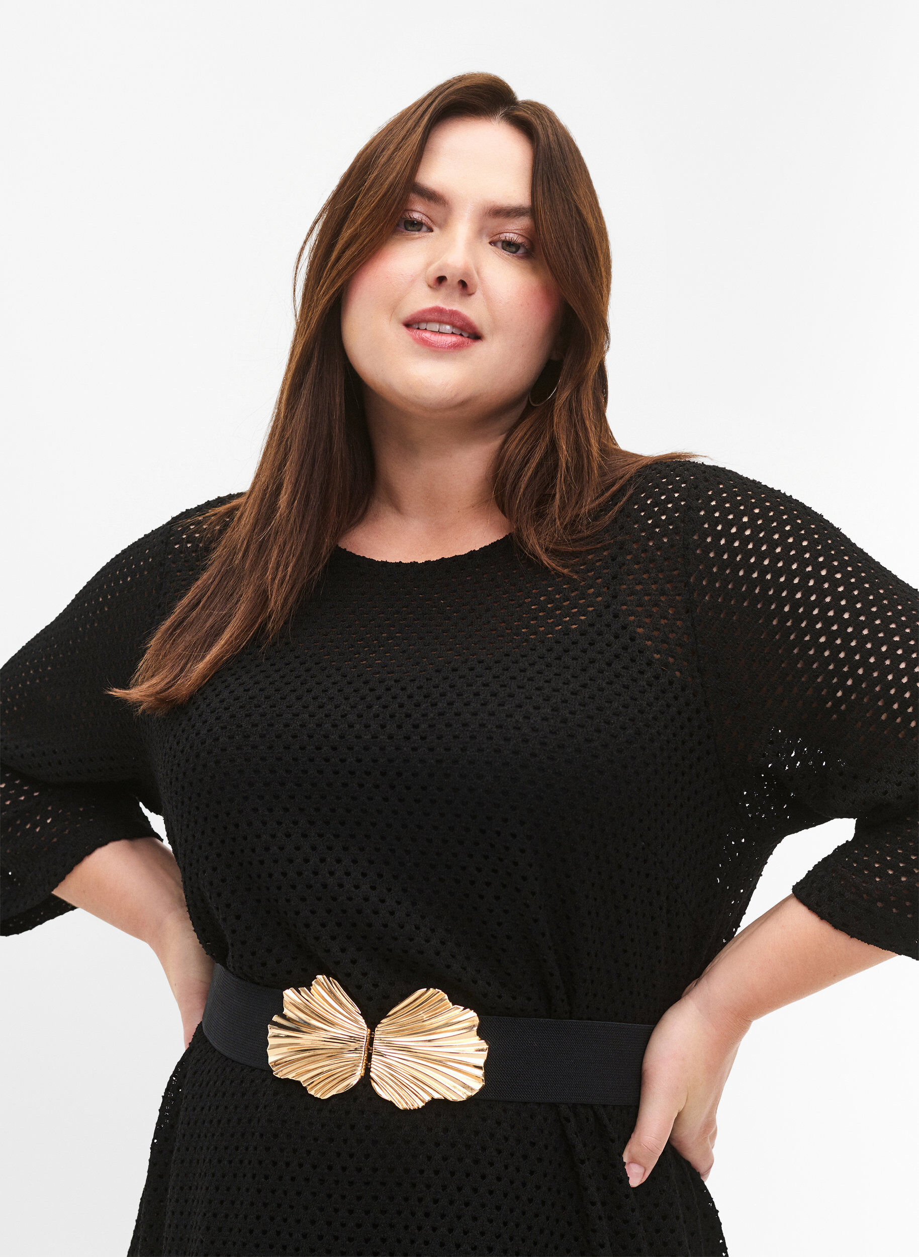 Zizzi Dehnbarer Tailleng&uuml;rtel mit goldfarbener Schnalle, Black, Model image number 0