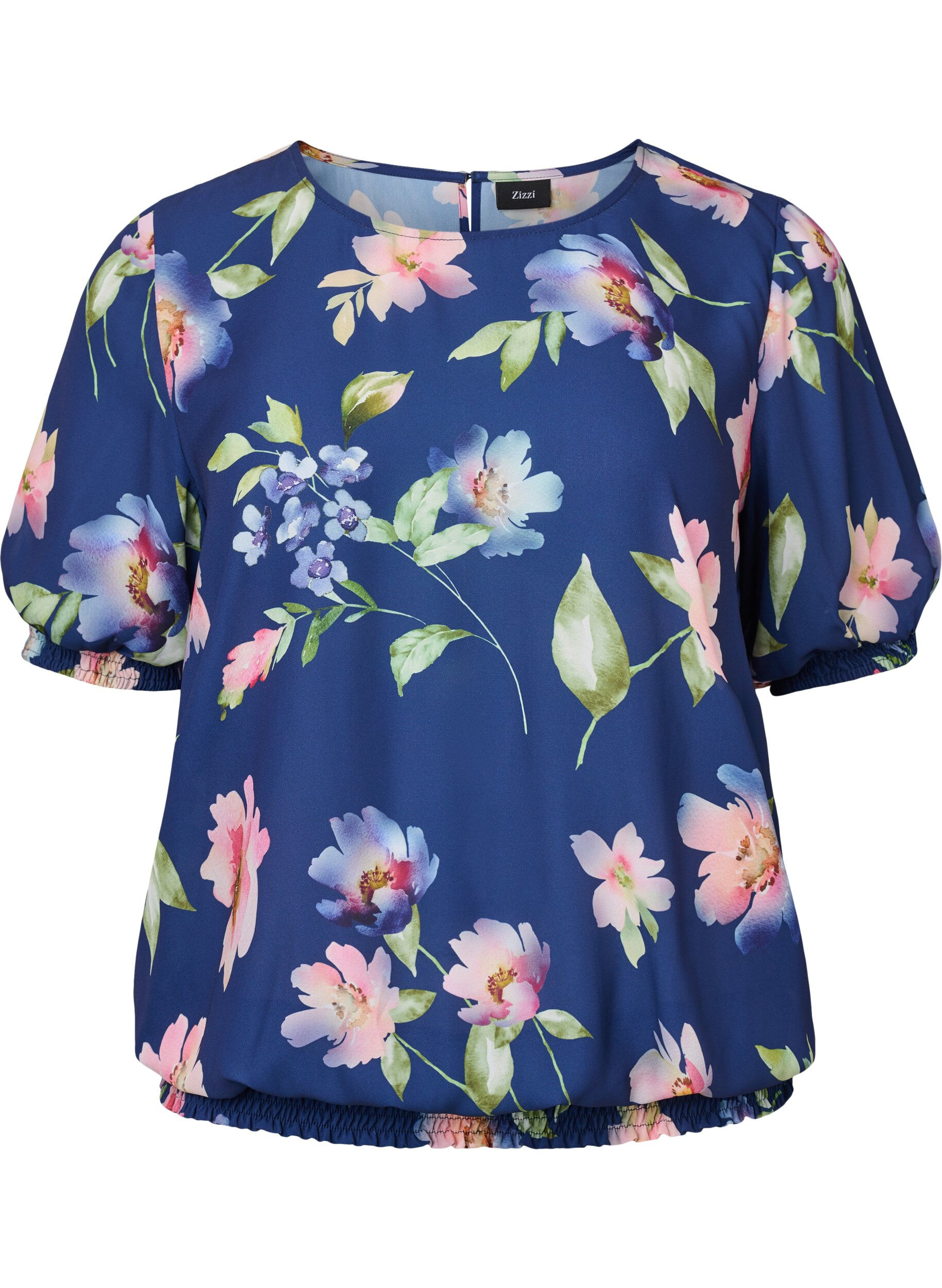 Zizzi Gebl&uuml;mte Bluse mit Smock, Blueprint Flower AOP, Packshot image number 0