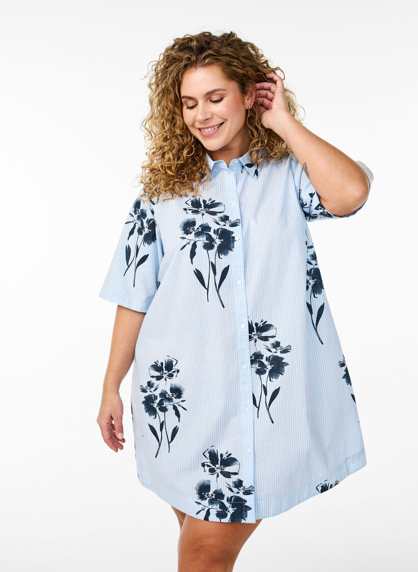 Langes Shirt mit Streifen und Blumenprint, Blau, Model image number 0
