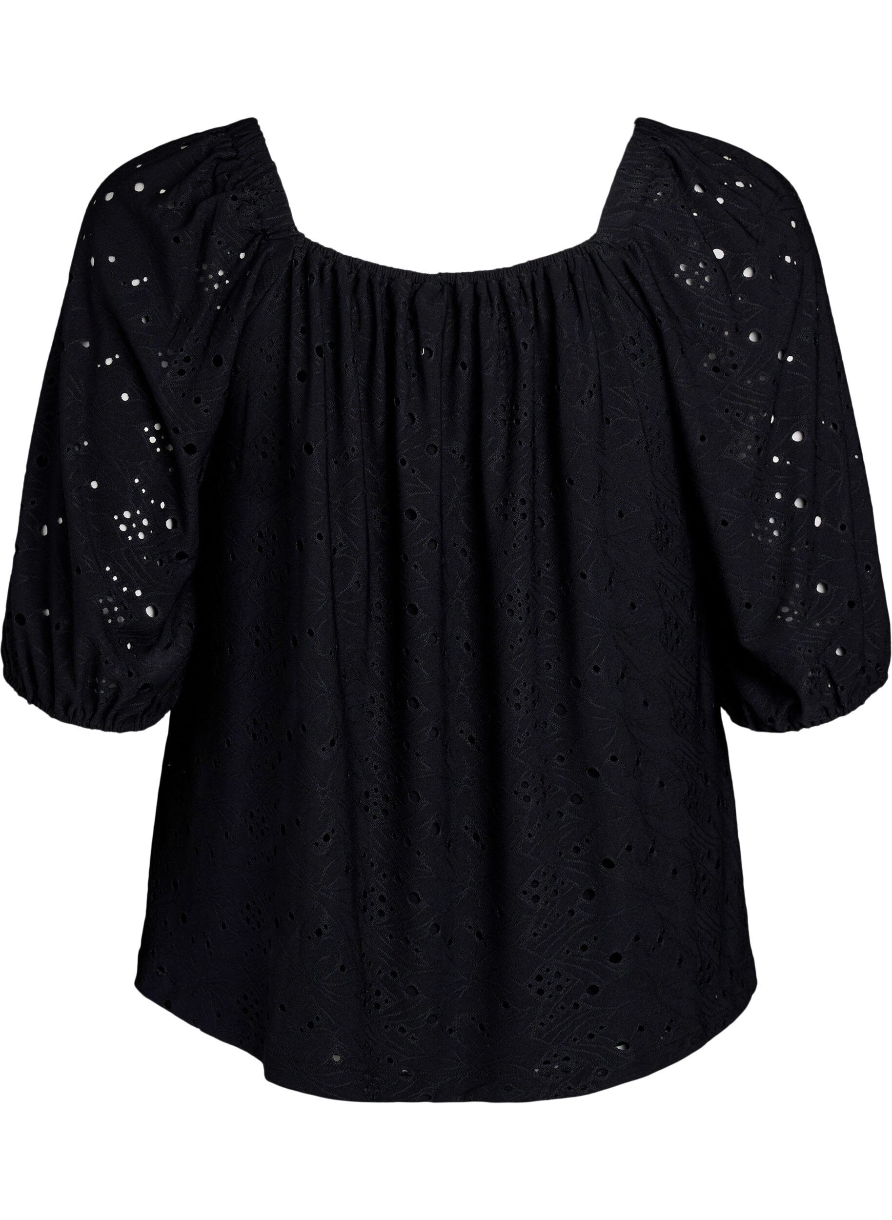 ZizziBluse mit kurzen Puff&auml;rmeln und Lochmuster, Schwarz, Packshot image number 1