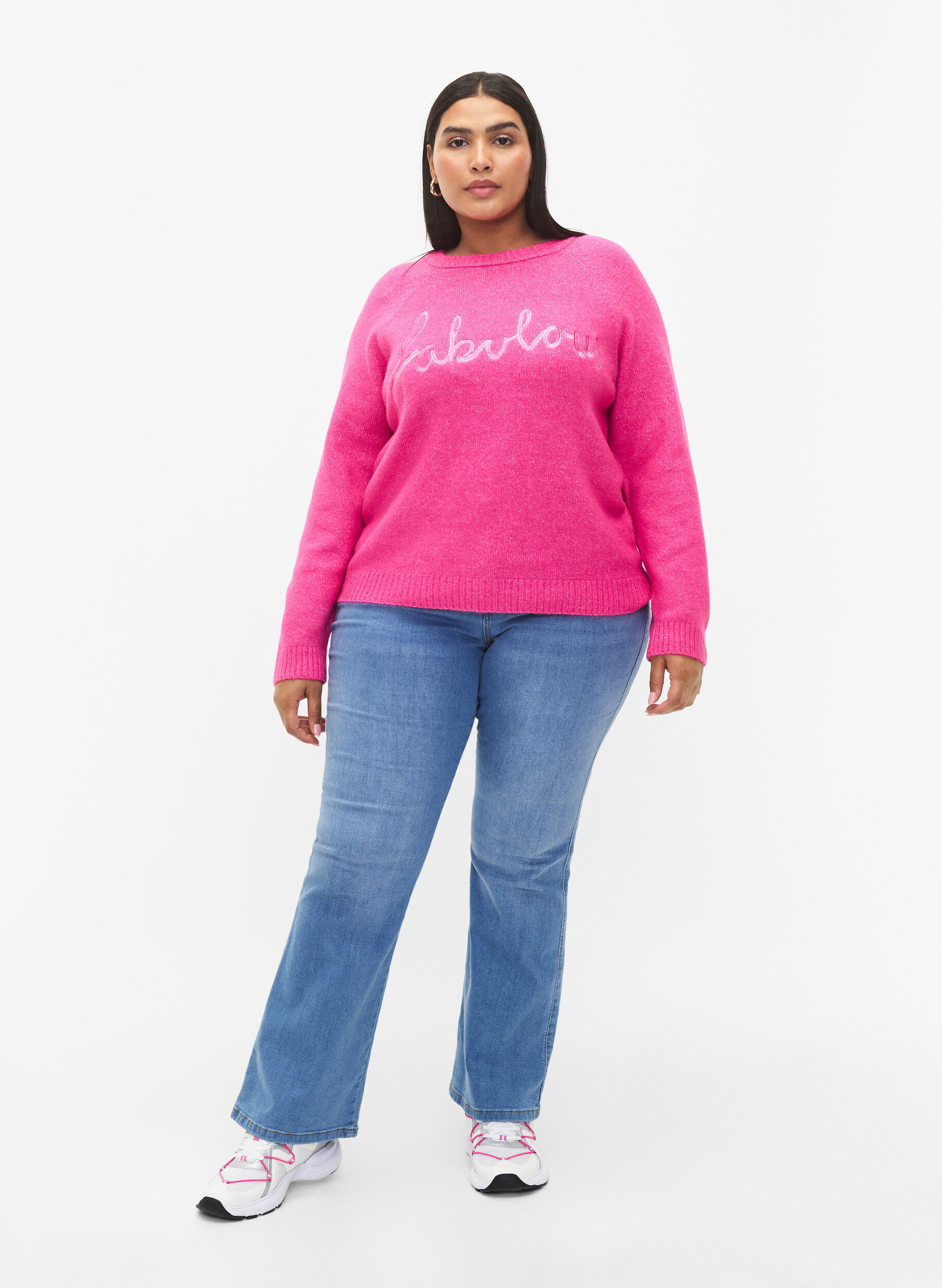 Zizzi Strickpullover mit aufgesticktem Text, Raspberry Rose, Model image number 2