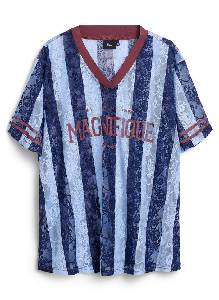 Bluse mit Spitzendetails und Statement-Print, Blau, Packshot image number 0