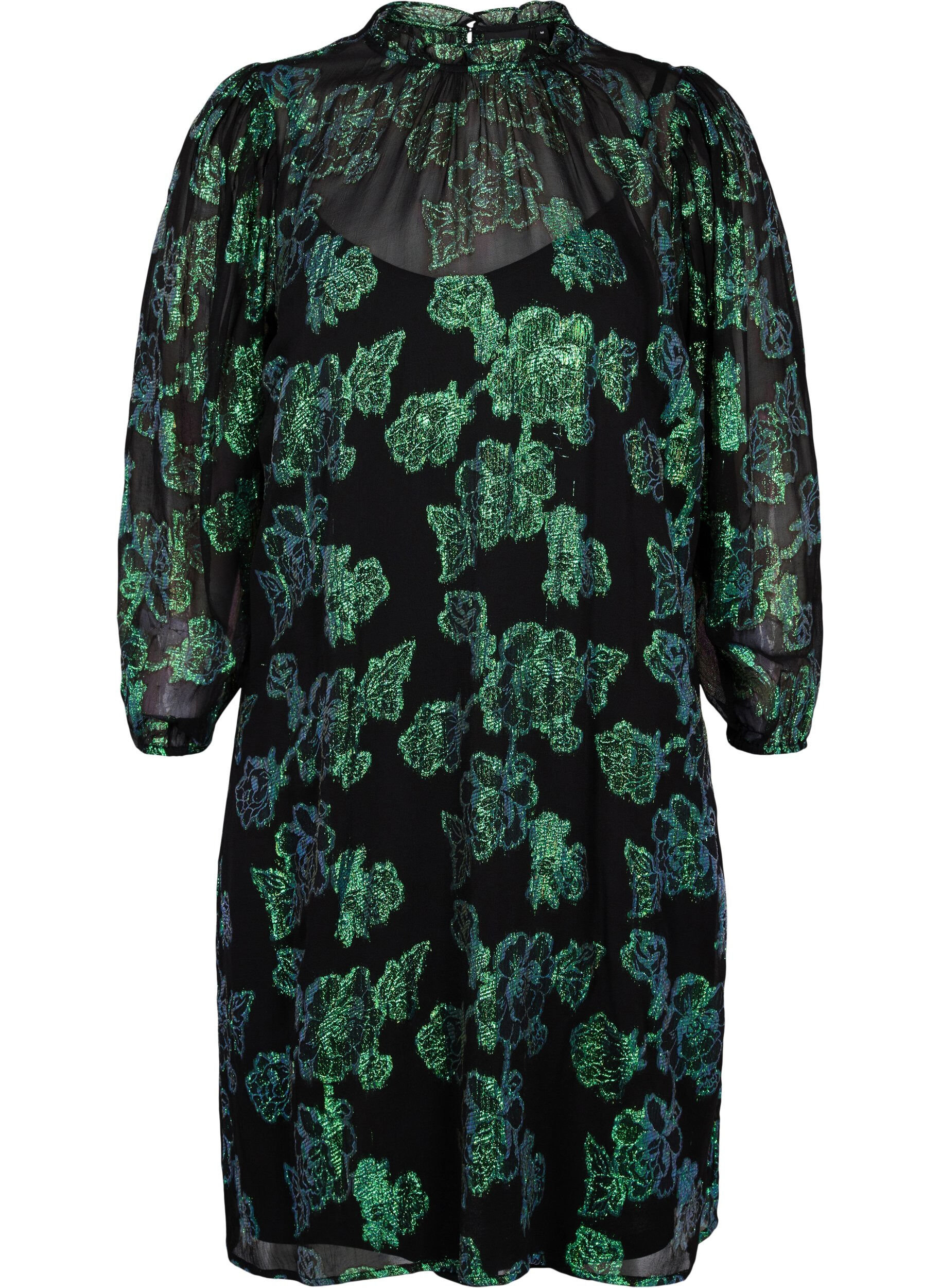 Zizzi Gebl&uuml;mtes Viskosekleid mit Lurexstruktur, Black w. Green Lurex, Packshot image number 0