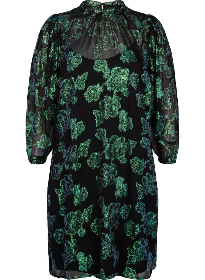 Geblümtes Viskosekleid mit Lurexstruktur, Black w. Green Lurex, Packshot image number 0