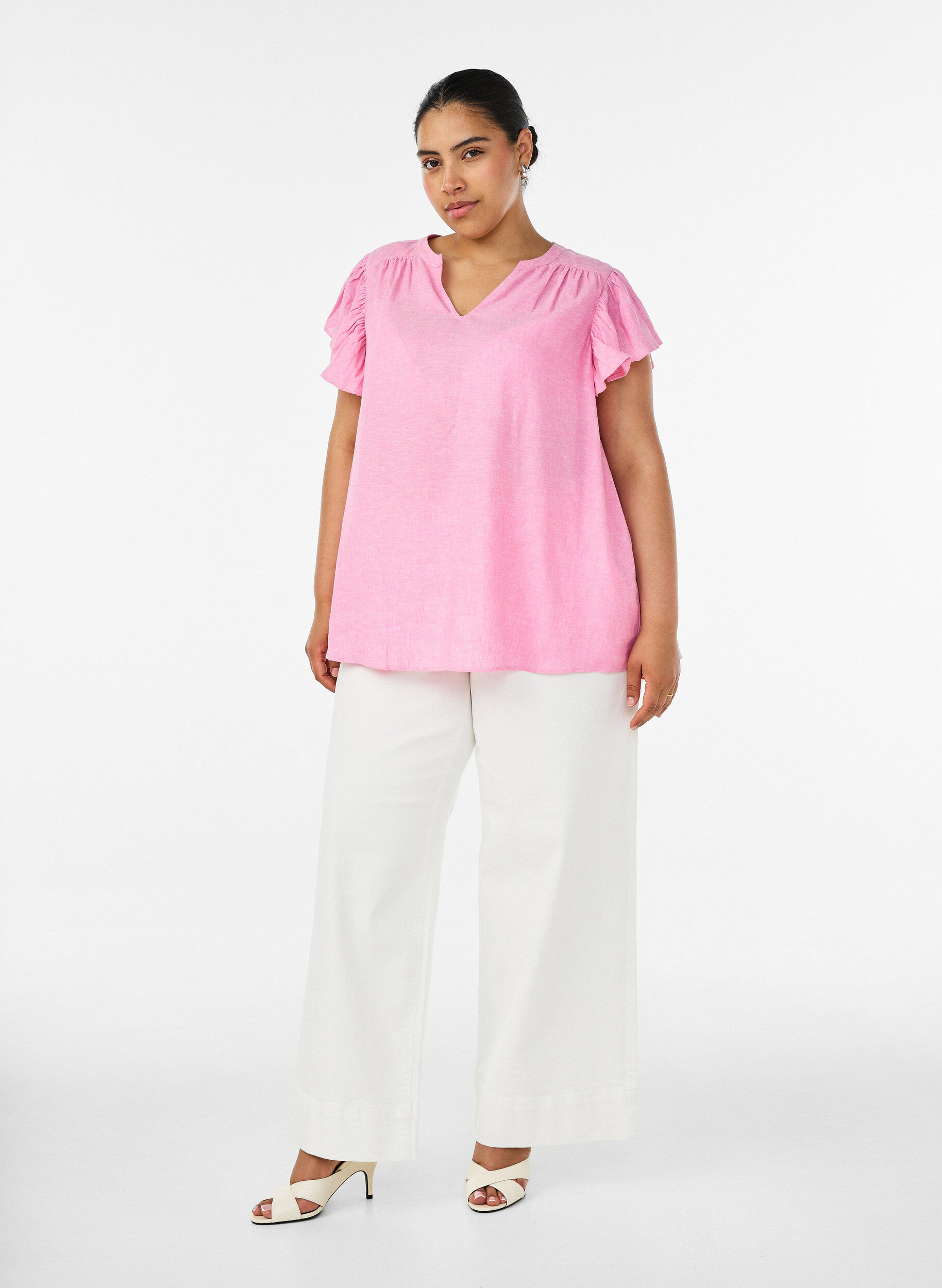 ZizziBluse aus Viskose und Leinen mit R&uuml;schen&auml;rmeln, Pink, Model image number 1