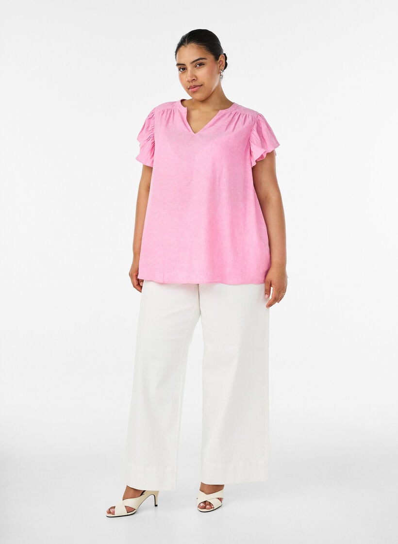 Bluse aus Viskose und Leinen mit R&uuml;schen&auml;rmeln, Pink, Model image number 1