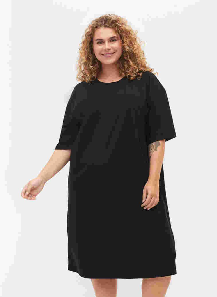 Kurzärmeliges Baumwollkleid mit Schlitzen, Black, Model image number 0