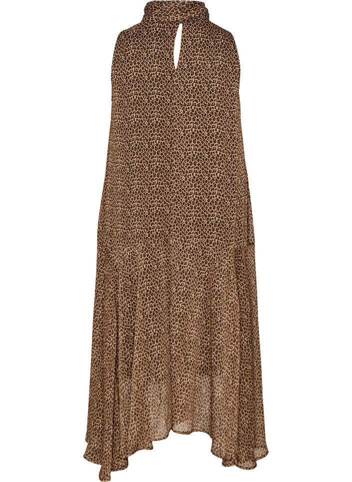 Midikleid aus Chiffon mit Leo-Print und Bindeband in der Taille, Braun, Packshot image number 1
