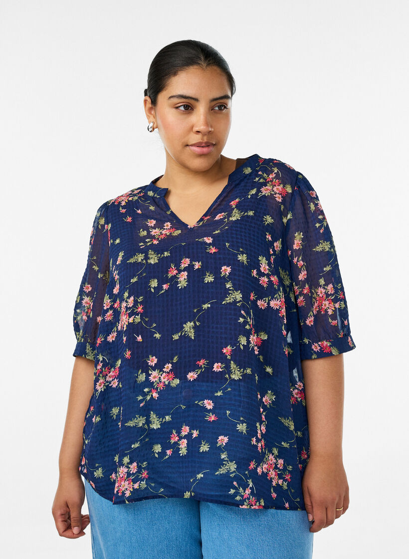 Gebl&uuml;mte Bluse mit V-Ausschnitt, Blau, Model image number 0