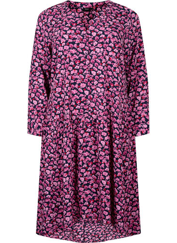 Midi-Kleid mit langen Ärmeln, Navy Purple AOP, Packshot image number 0