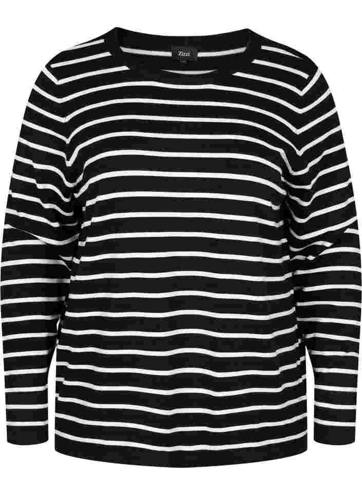 Gestrickte Viskosebluse mit langen Ärmeln, Black W/Stripes, Packshot image number 0