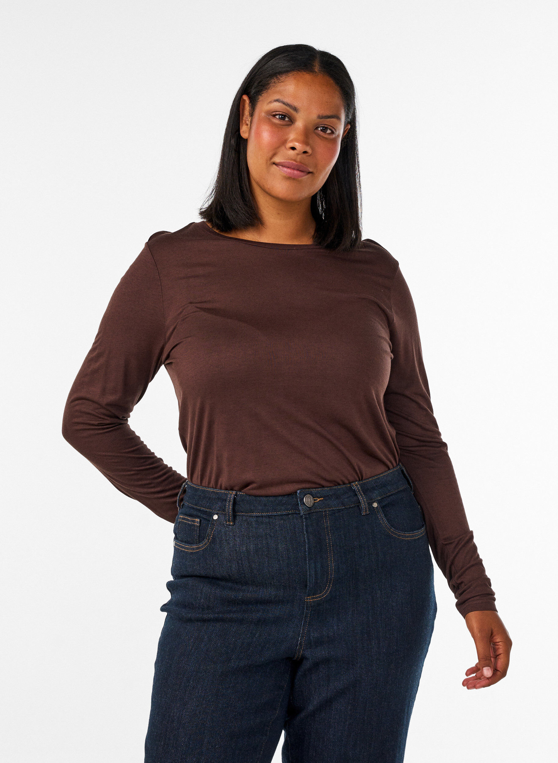 ZizziLang&auml;rmelige Bluse aus Wolle und Viskose, Braun, Model image number 0