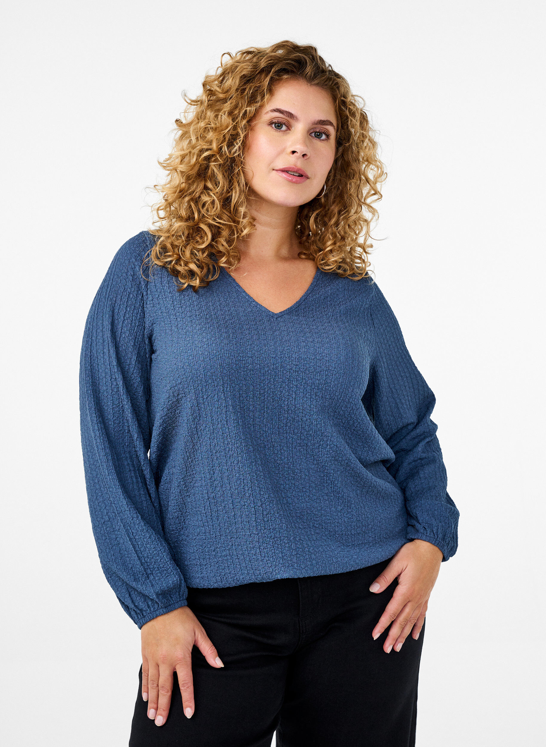 Zizzi FLASH - Bluse mit Struktur und langen &Auml;rmeln, Sargasso Sea, Model image number 0