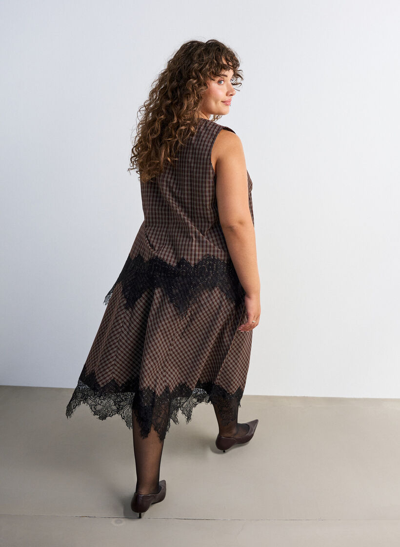 Midi-Rock mit Spitzen und Karomuster, Braun, Model image number 1