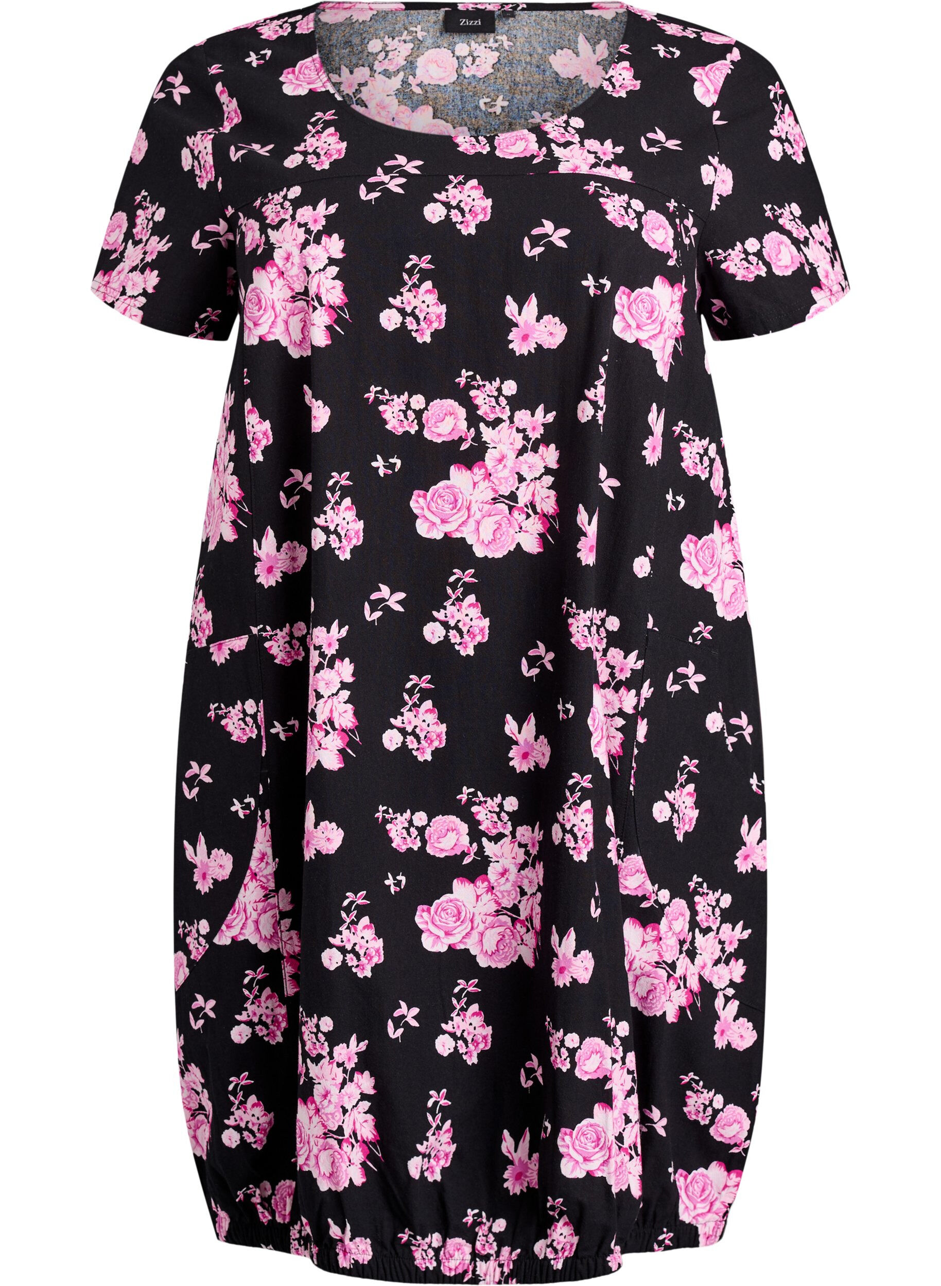 Zizzi Kurz&auml;rmliges Baumwollkleid mit Print, Schwarz, Packshot image number 0
