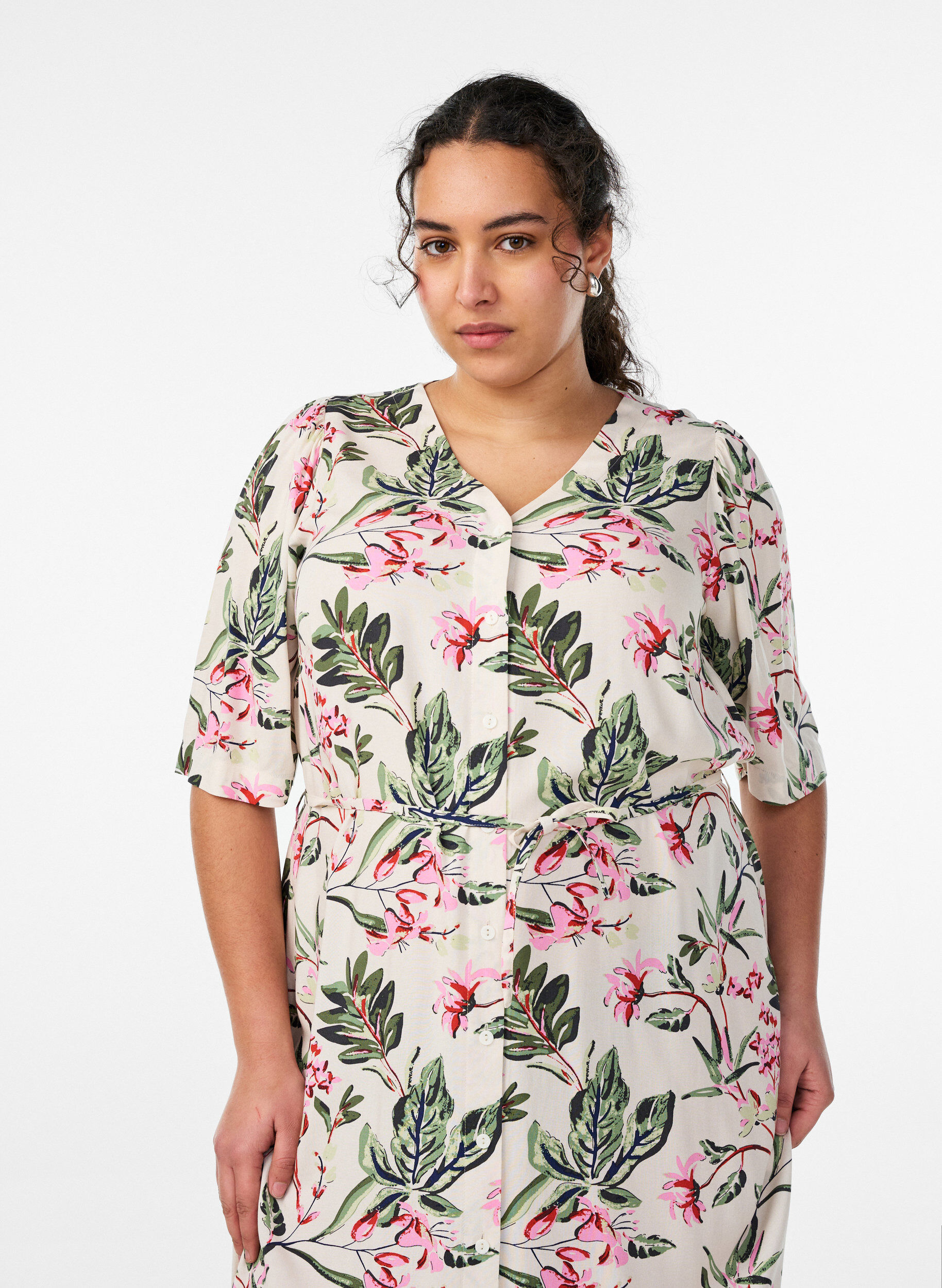 Zizzi Midikleid mit Print und Bindeg&uuml;rtel, Vanille, Model image number 2