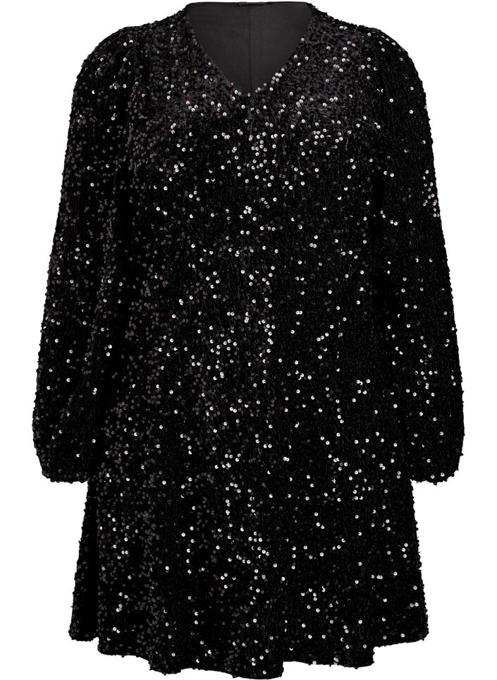 Kurzes A-Linien-Pailletten-Kleid, Schwarz, Packshot image number 0