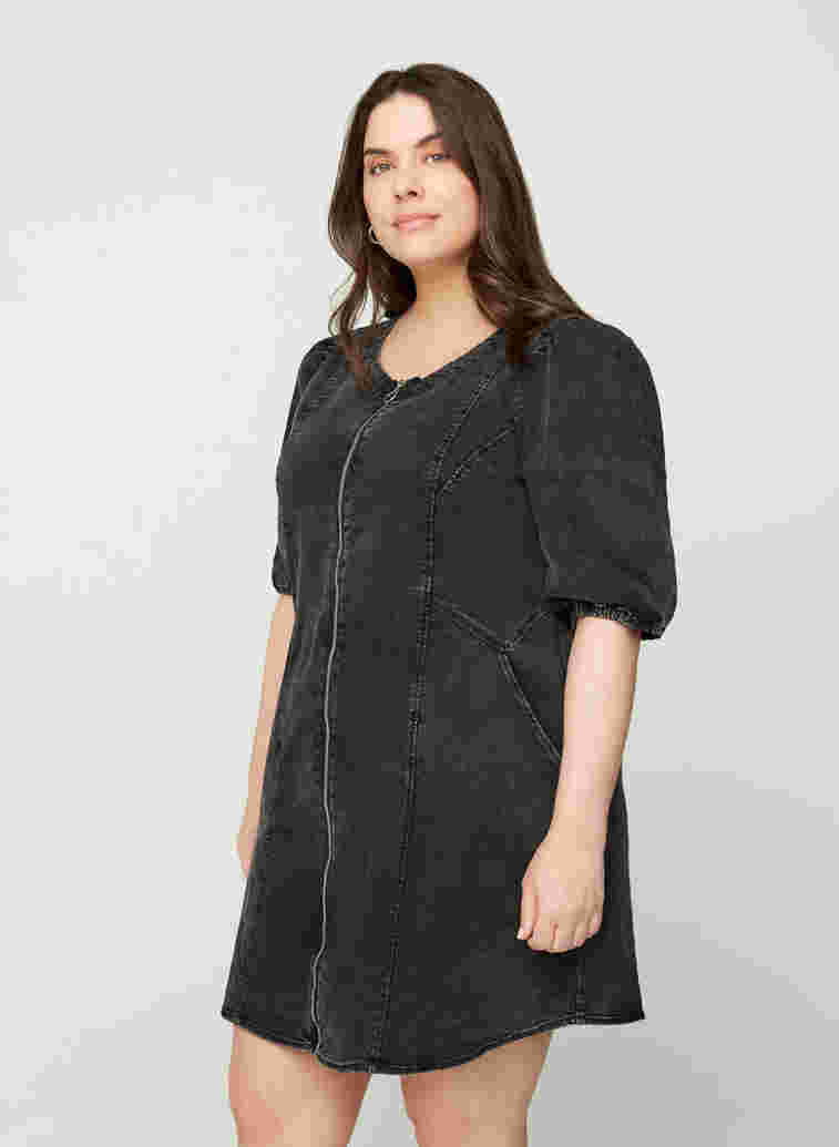Kurzarm Denim Kleid mit Reißverschluss, Grey Denim ASS, Model image number 0