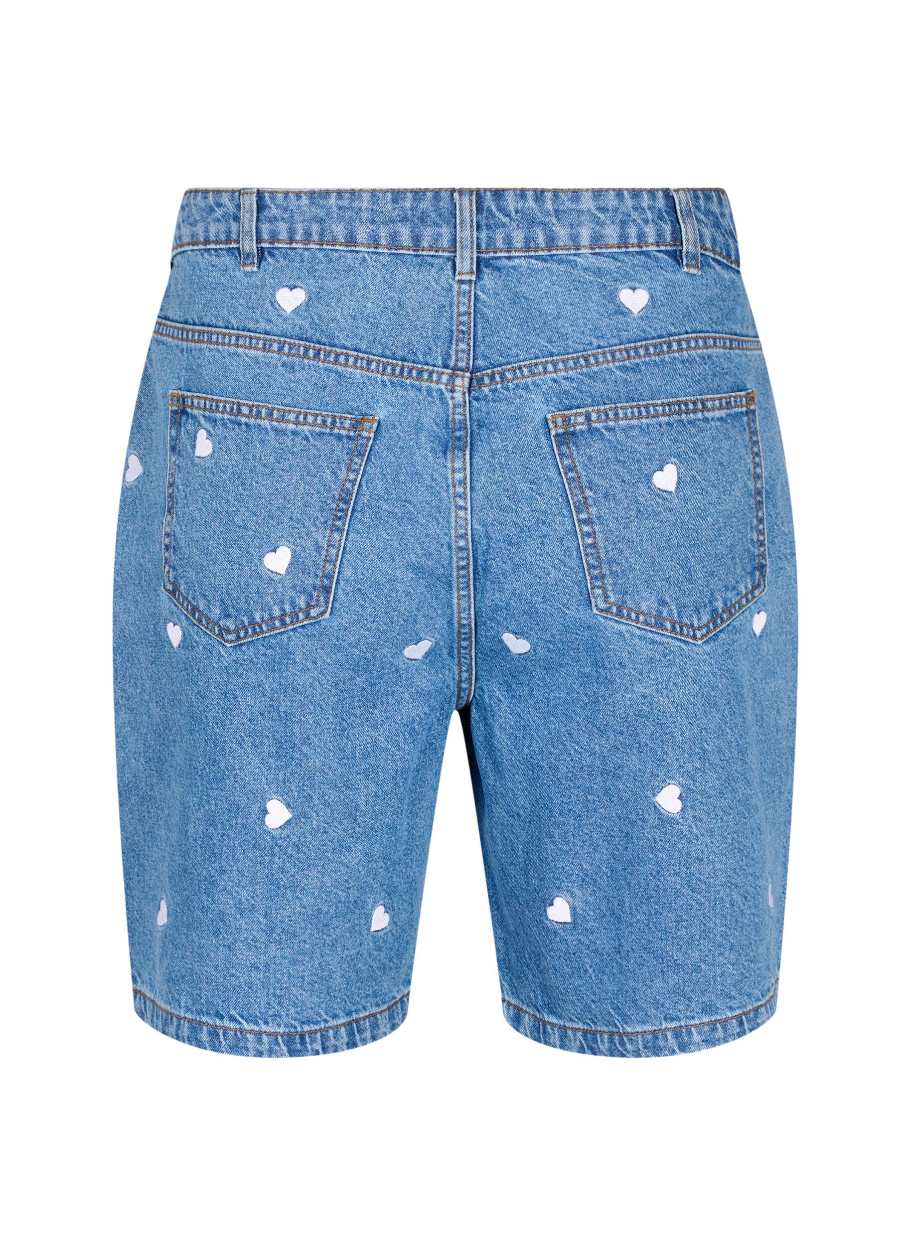 Zizzi Denim-Shorts mit hoher Taille und mit Herzen bestickt, Blau, Packshot image number 1
