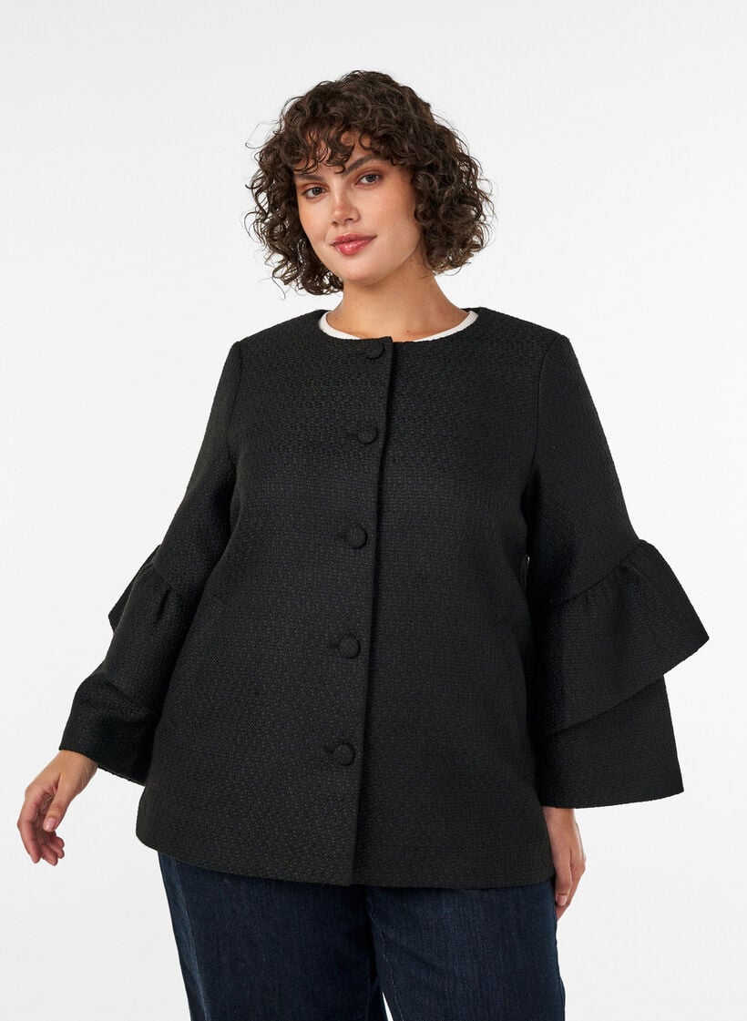 Boucl&eacute;-Jacke mit R&uuml;schendetails, Schwarz, Model image number 3