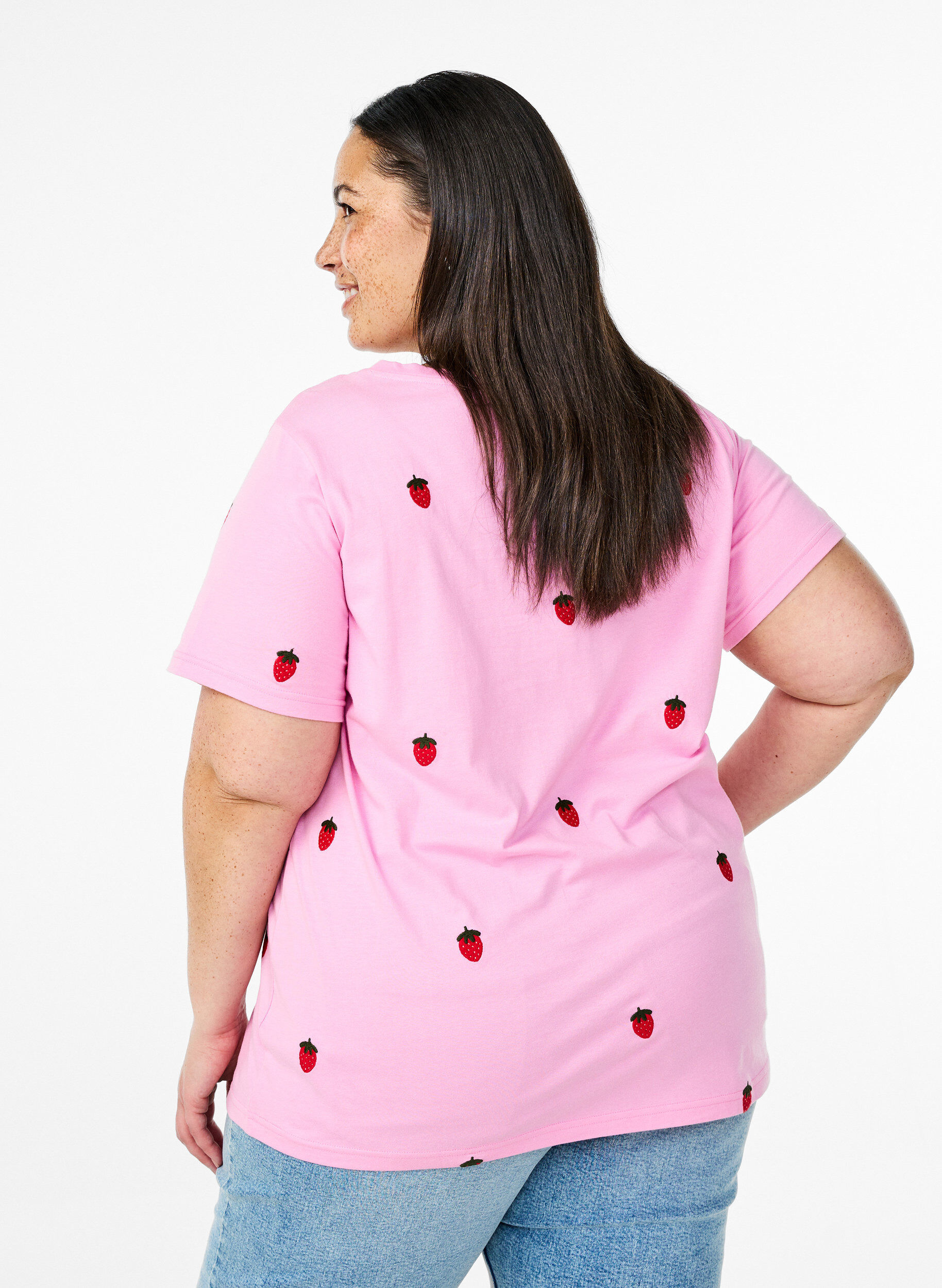 Zizzi T-Shirt aus Bio-Baumwolle mit aufgestickten Motiven, Pink, Model image number 2