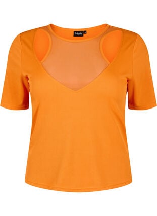 Eng anliegende Bluse mit V-Ausschnitt und Mesh-Detail, Vibrant Orange, Packshot image number 0