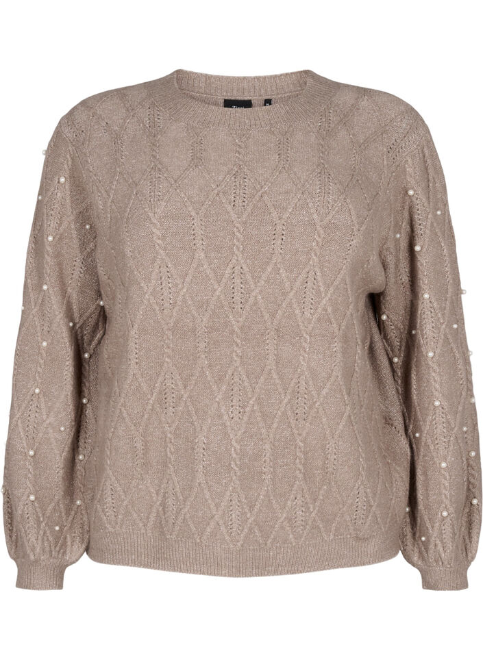 Gestrickter Pullover mit Muster und Perlen, Desert Taupe Mel., Packshot image number 0