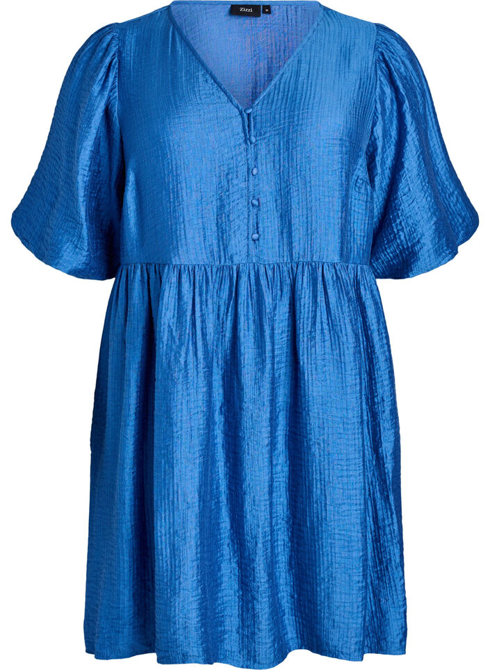 Kurzes Kleid mit Struktur und kurzen Ballonärmeln, Blau, Packshot image number 0