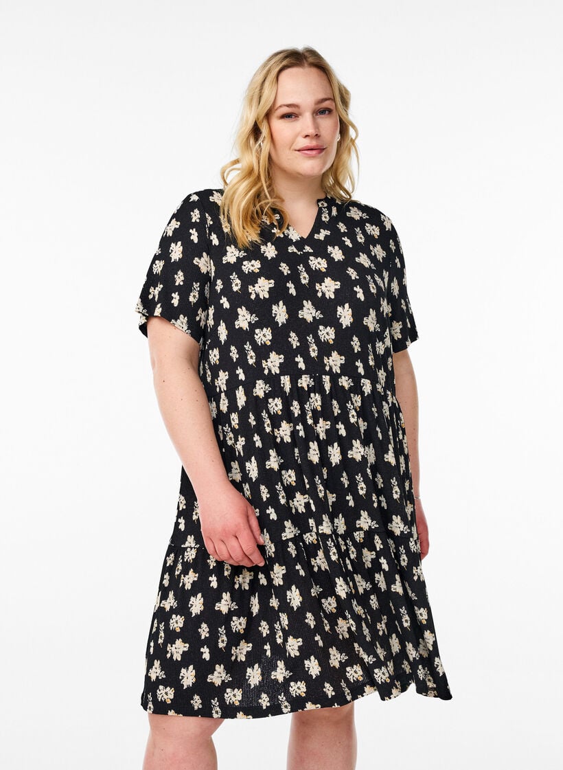 Gemustertes Kleid mit Eins&auml;tzen, Schwarz, Model image number 0
