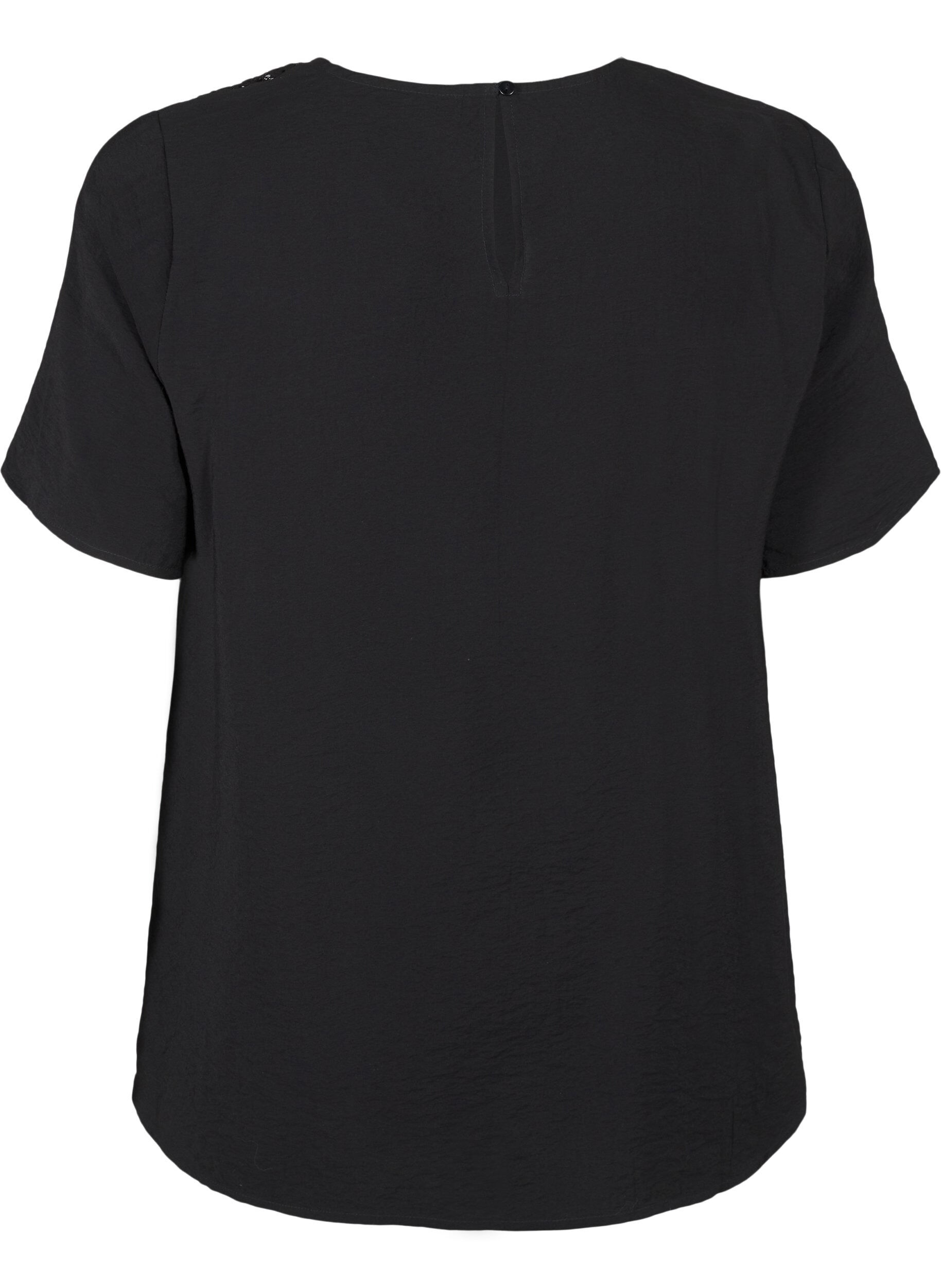 Zizzi Kurz&auml;rmelige Viskosebluse mit Spitzendetail, Black, Packshot image number 1