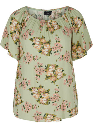 Kurzarm Bluse aus Viskose mit Blumenprint, Light Green April, Packshot image number 0