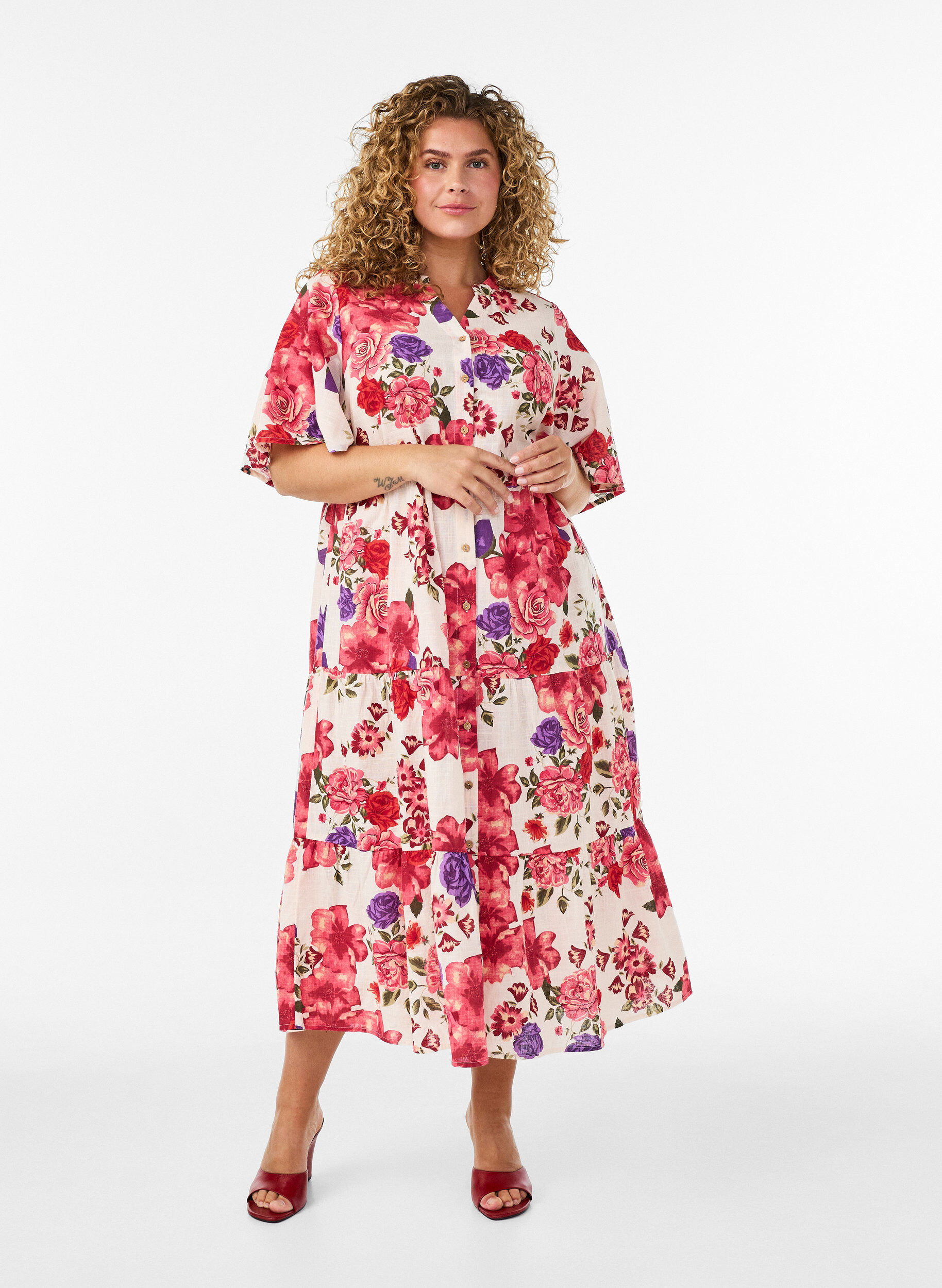 ZizziBaumwoll-Midikleid mit Blumenprint, Rot, Model image number 0