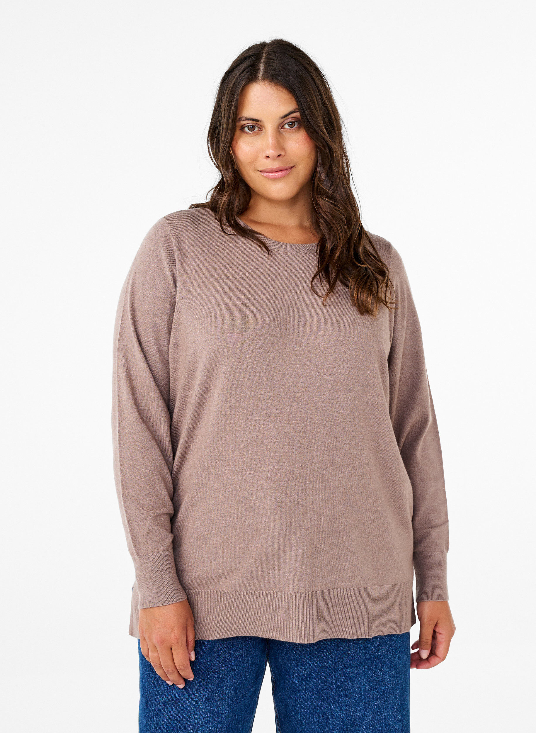 Zizzi Strickbluse mit langen &Auml;rmeln und Schlitz, Grau, Model image number 0