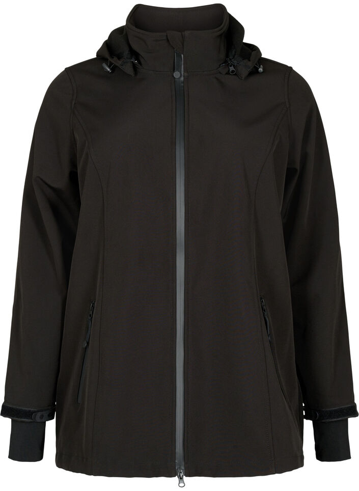 Kurze Softshell-Jacke mit abnehmbarer Kapuze, Schwarz, Packshot image number 0