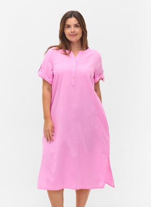 Langes kurzärmeliges Hemdkleid, Begonia Pink, Model image number 0