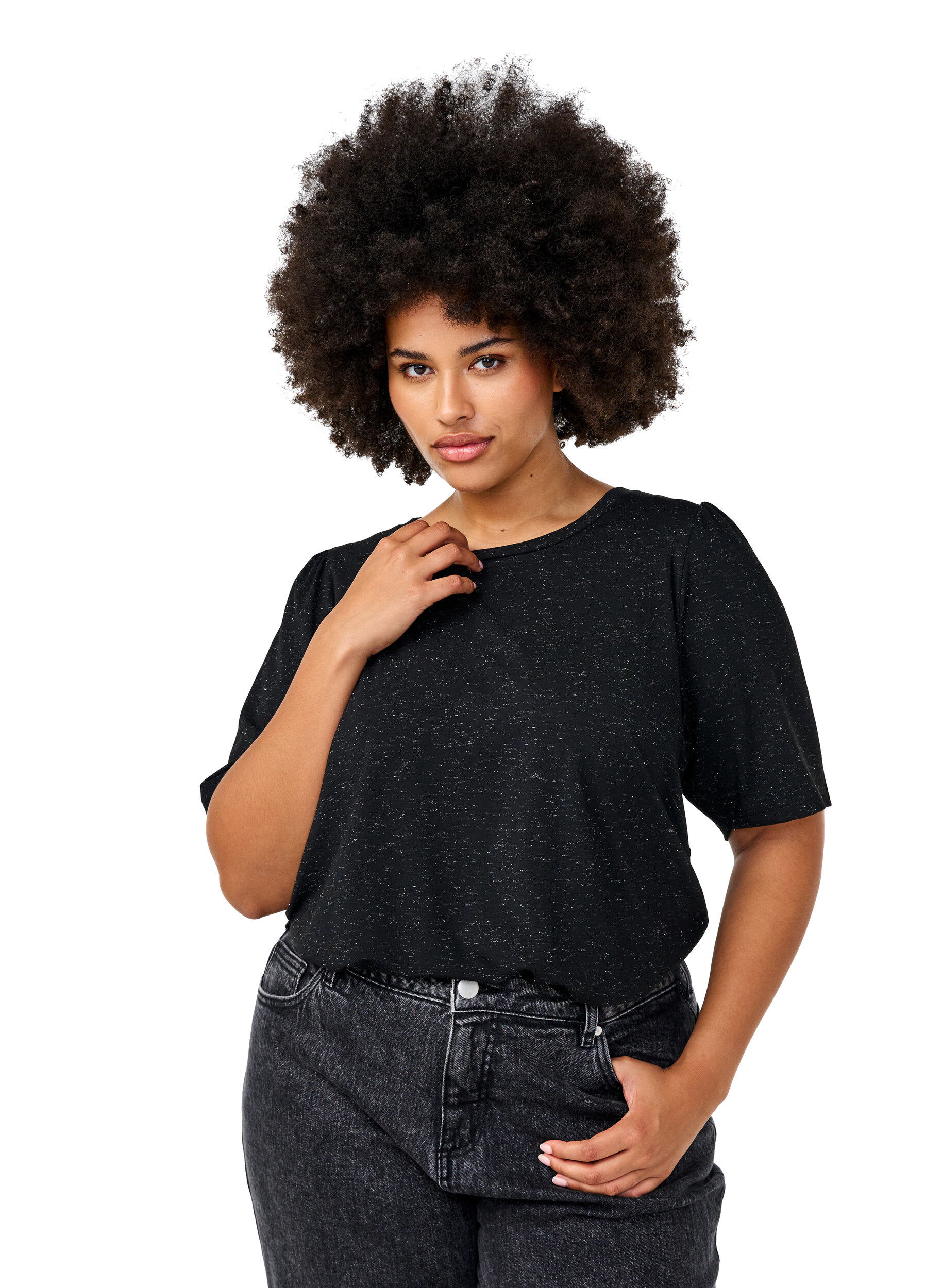 Zizzi T-Shirt mit Glitzer und kurzen Puff&auml;rmeln, Schwarz, Model image number 0