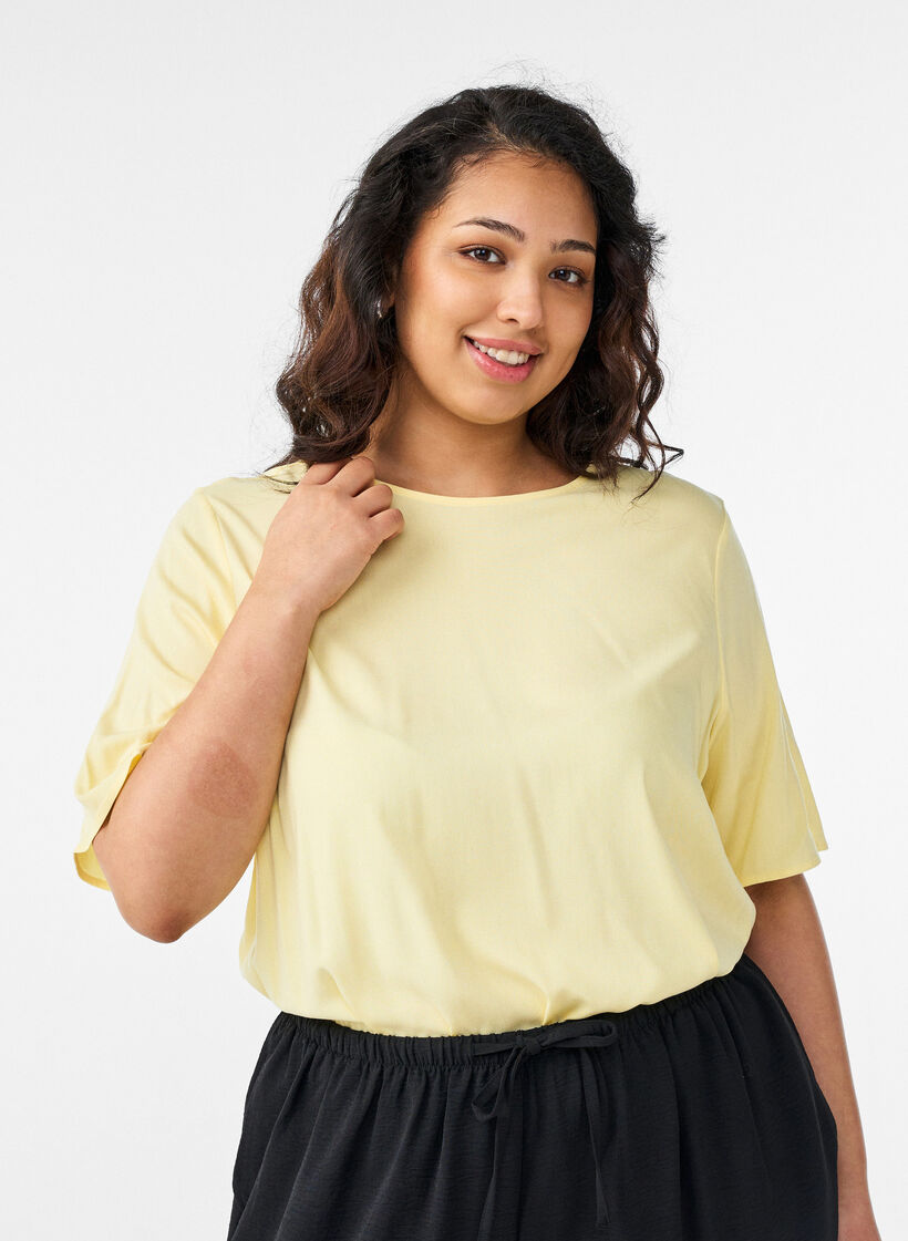 Kurz&auml;rmelige, gewebte Bluse mit Rundhals, Gelb, Model image number 0
