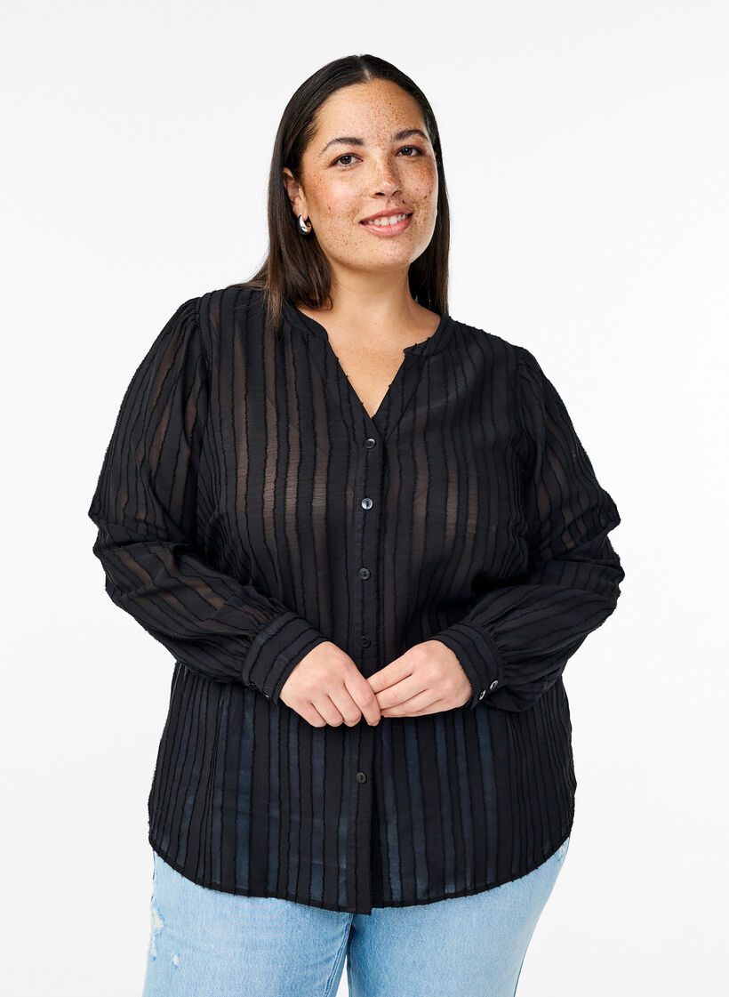 Streifenbluse mit transparenten Streifen, Schwarz, Model image number 0