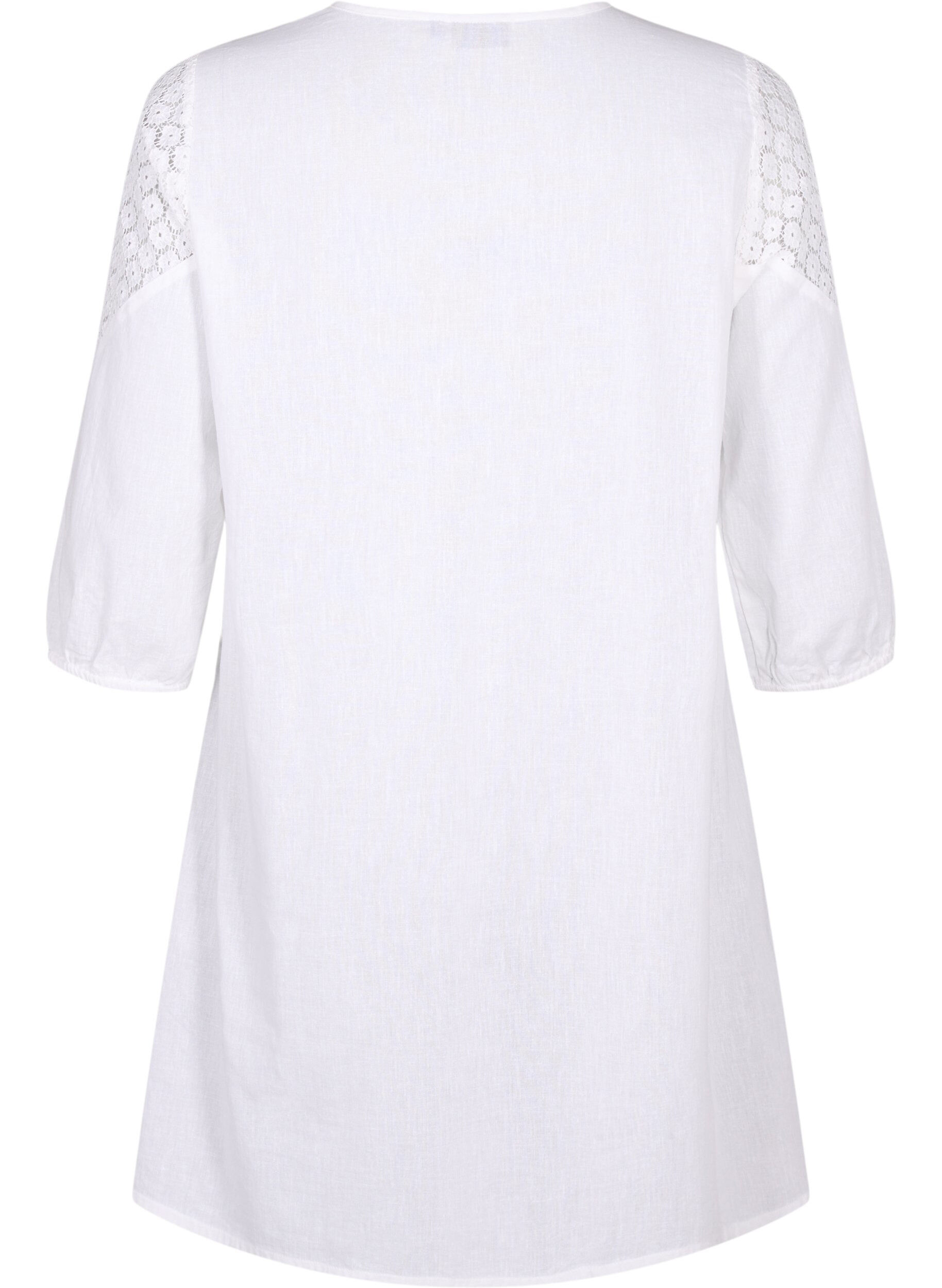 Zizzi Kleid aus einer Baumwollmischung mit Leinen und H&auml;keldetails, Bright White, Packshot image number 1