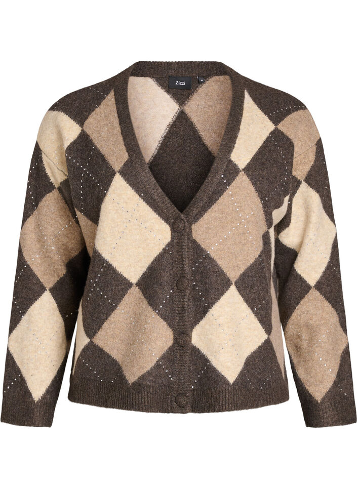 Argyle-Strickjacke mit Strasssteinen, Braun, Packshot image number 0