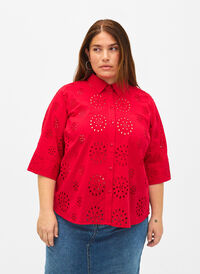 Hemdbluse mit Lockstickerei und 3/4-Ärmeln, Tango Red, Model