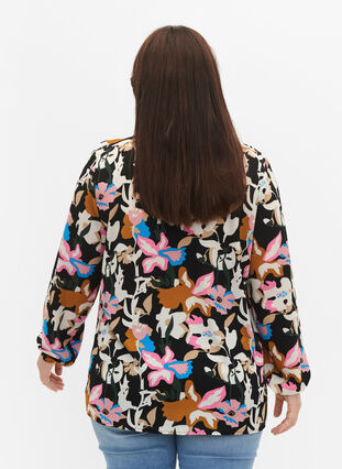 Bedruckte Bluse mit Rüschen , Black Multi Flower, Model image number 1