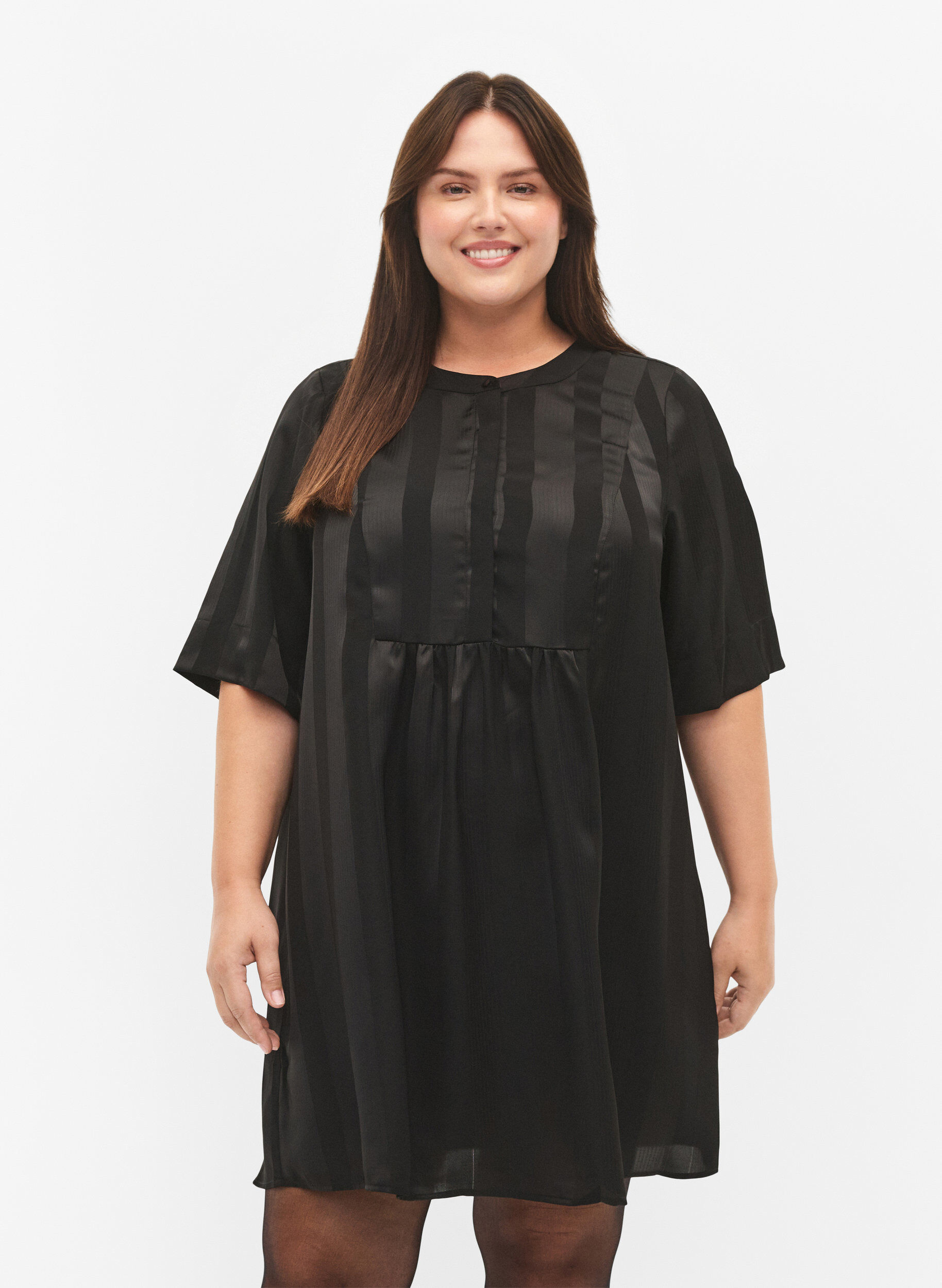 Zizzi A-Linien-Kleid mit Streifen und 1/2-&Auml;rmeln, Black, Model image number 0