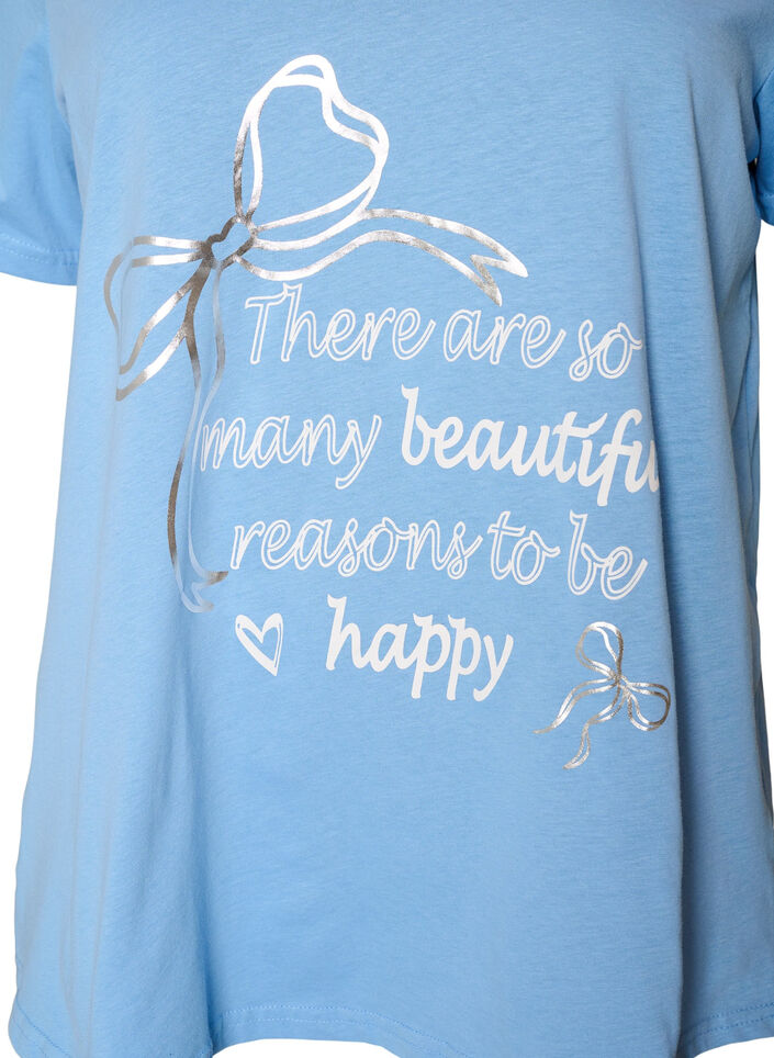 T-Shirt aus Baumwolle mit V-Ausschnitt und Frontprint, Blau, Packshot image number 2