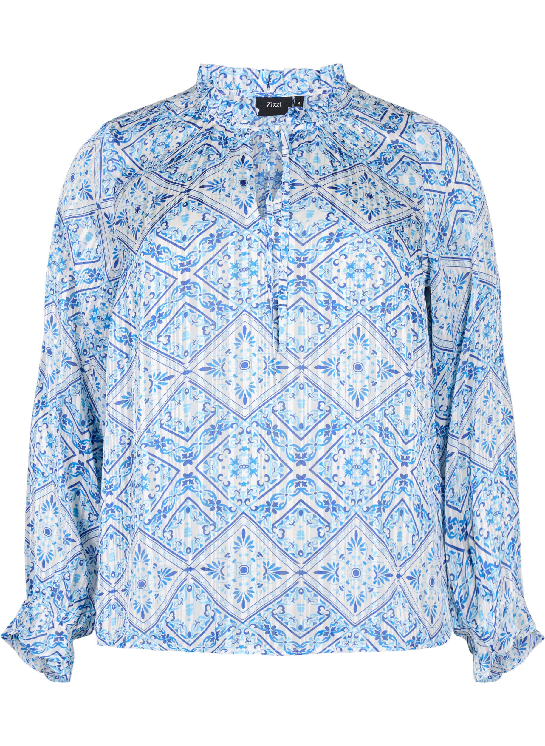 Zizzi Lang&auml;rmelige Bluse mit R&uuml;schen und Aufdruck, Beige, Packshot image number 0