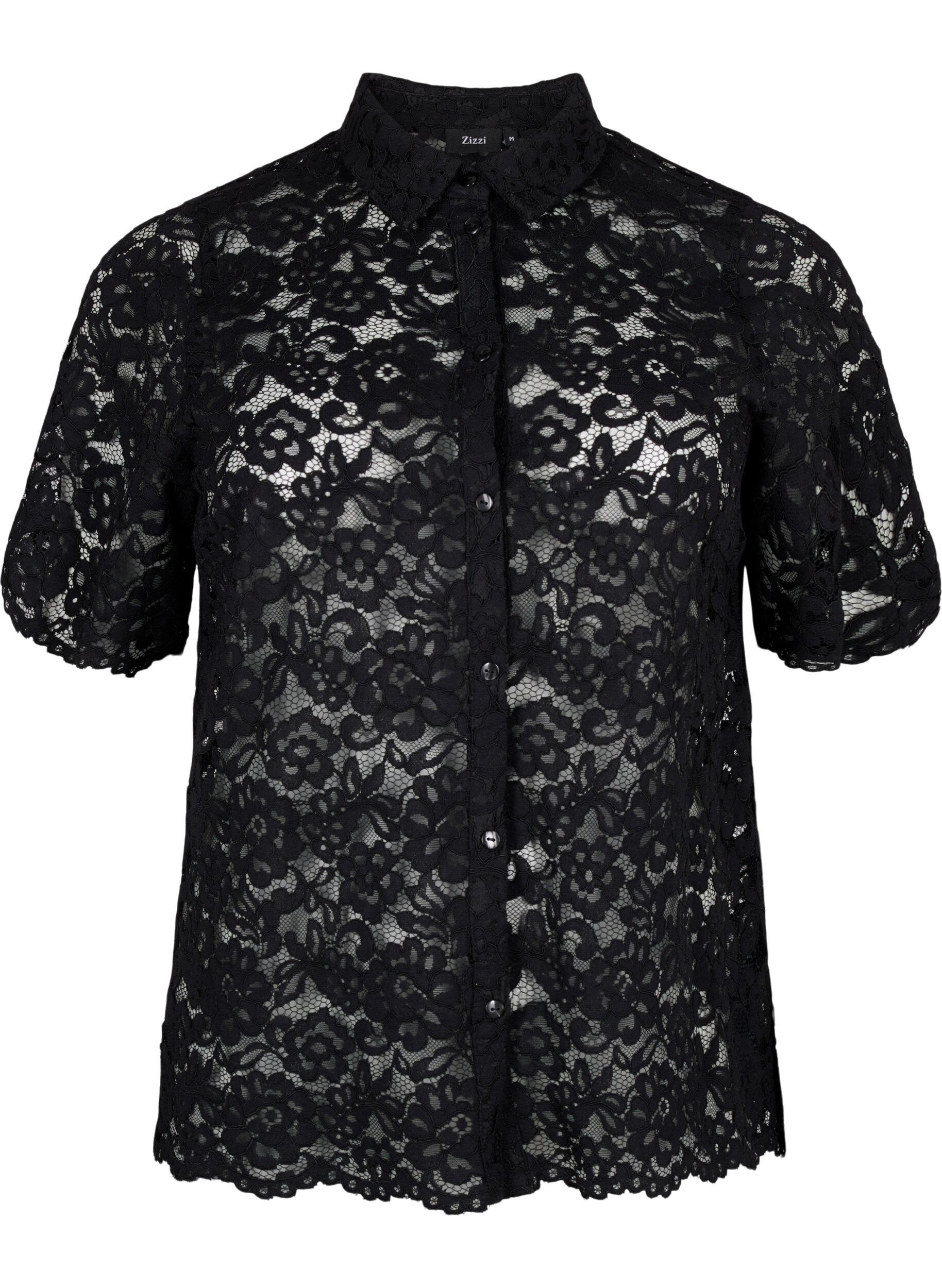 Zizzi Spitzenshirt mit kurzen &Auml;rmeln, Black, Packshot image number 0